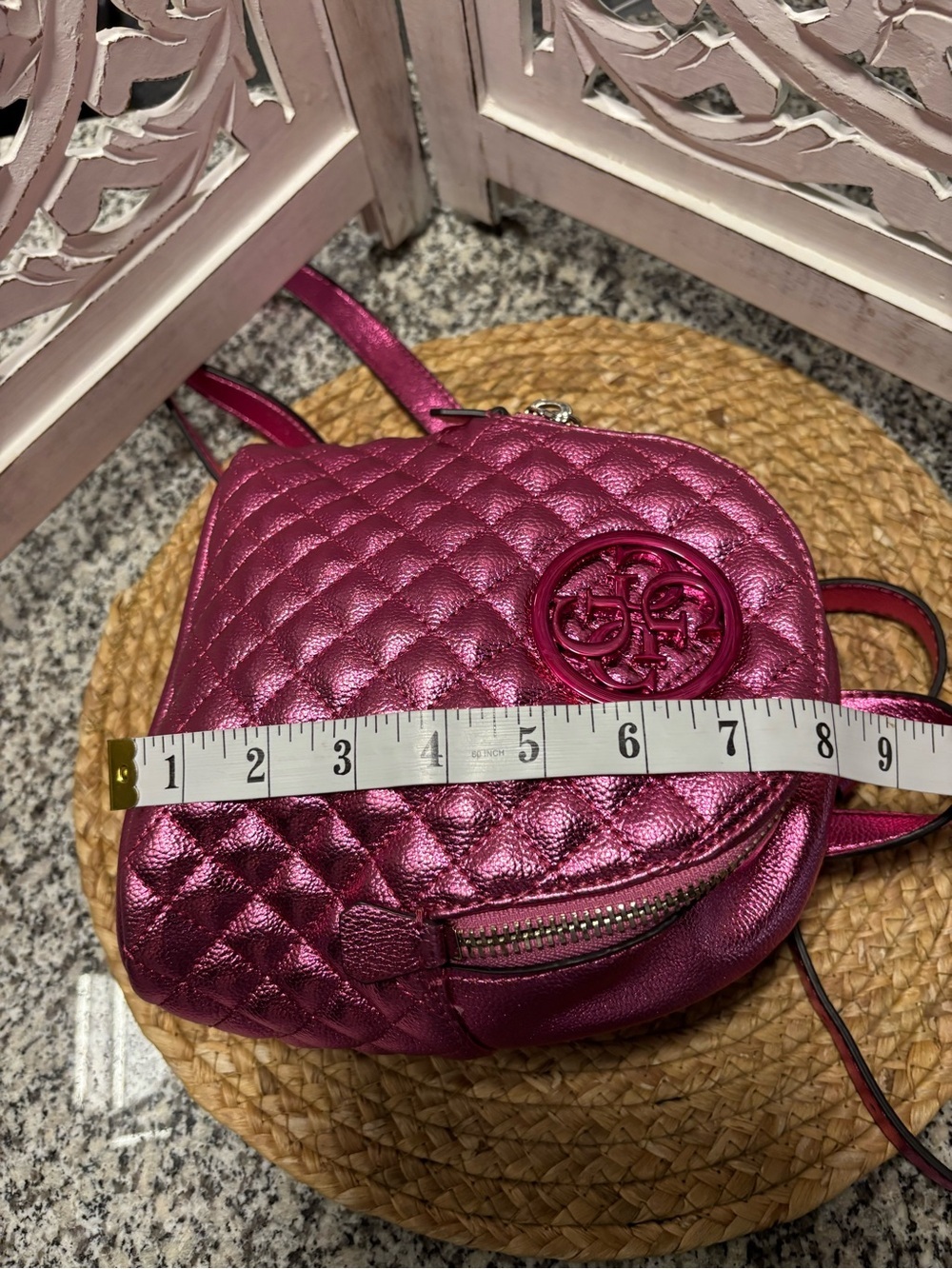 Guess Metallic Quilted Mini Backpack - Magenta with gift set - Picture 8 of 14